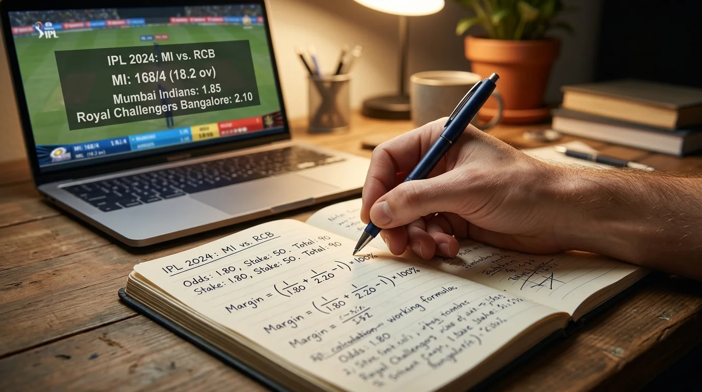 Handschriftliche Notizen zur Margenberechnung neben einem Cricketspiel auf dem Bildschirm