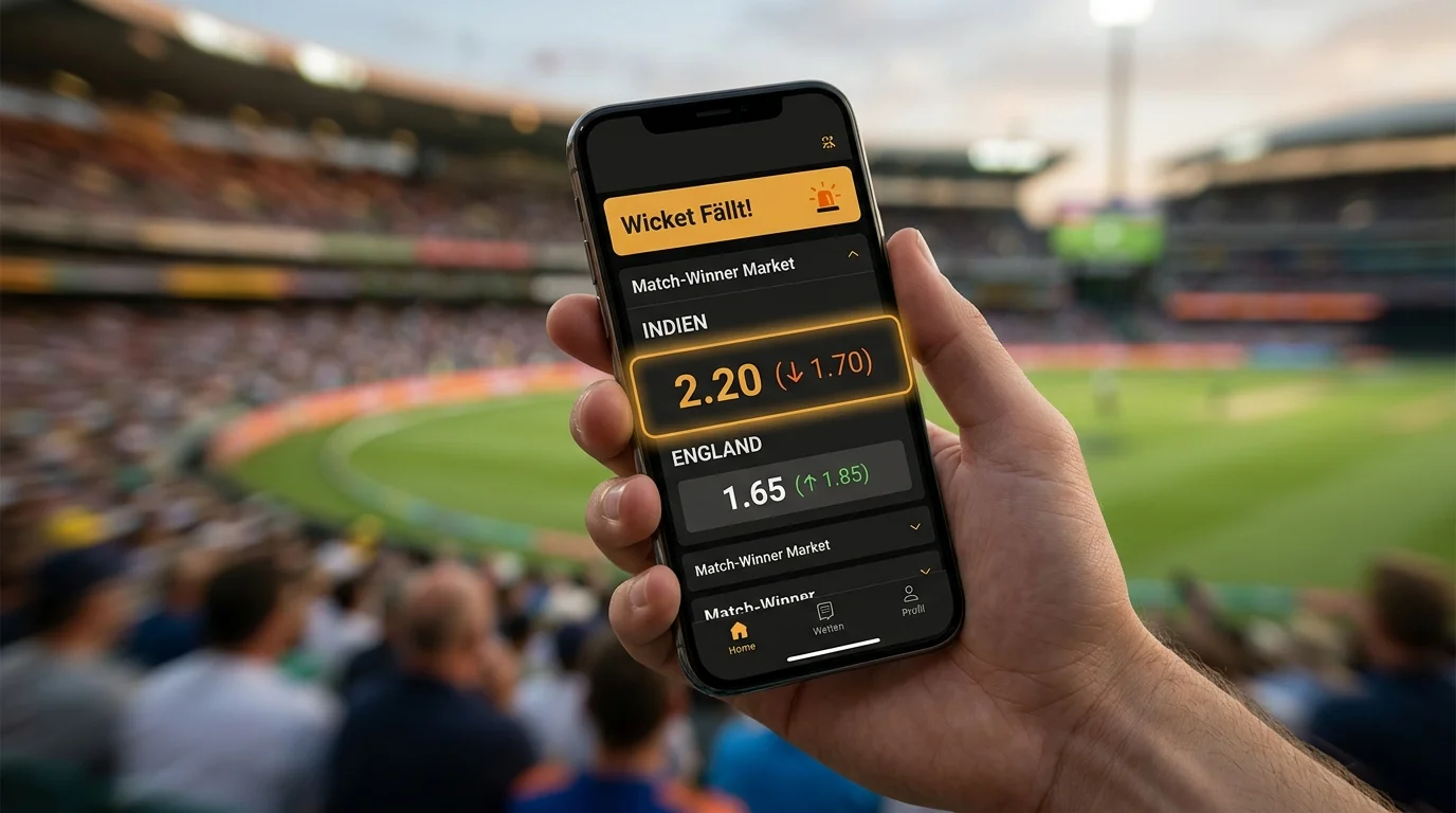 Live-Quote des Match-Sieger-Marktes springt nach einem gefallenen Wicket im Cricketspiel