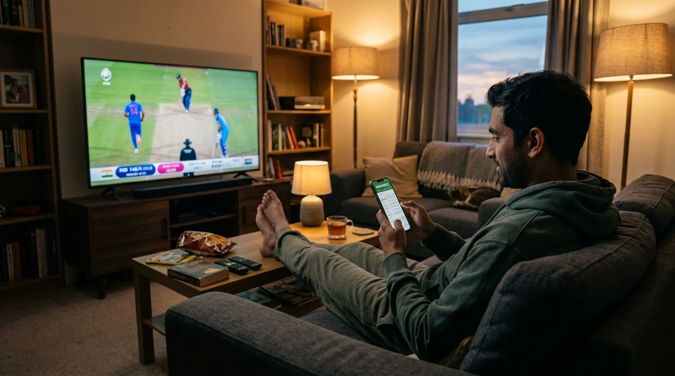 Person nutzt auf dem Sofa eine Cricket-Wett-App und verfolgt parallel das Spiel