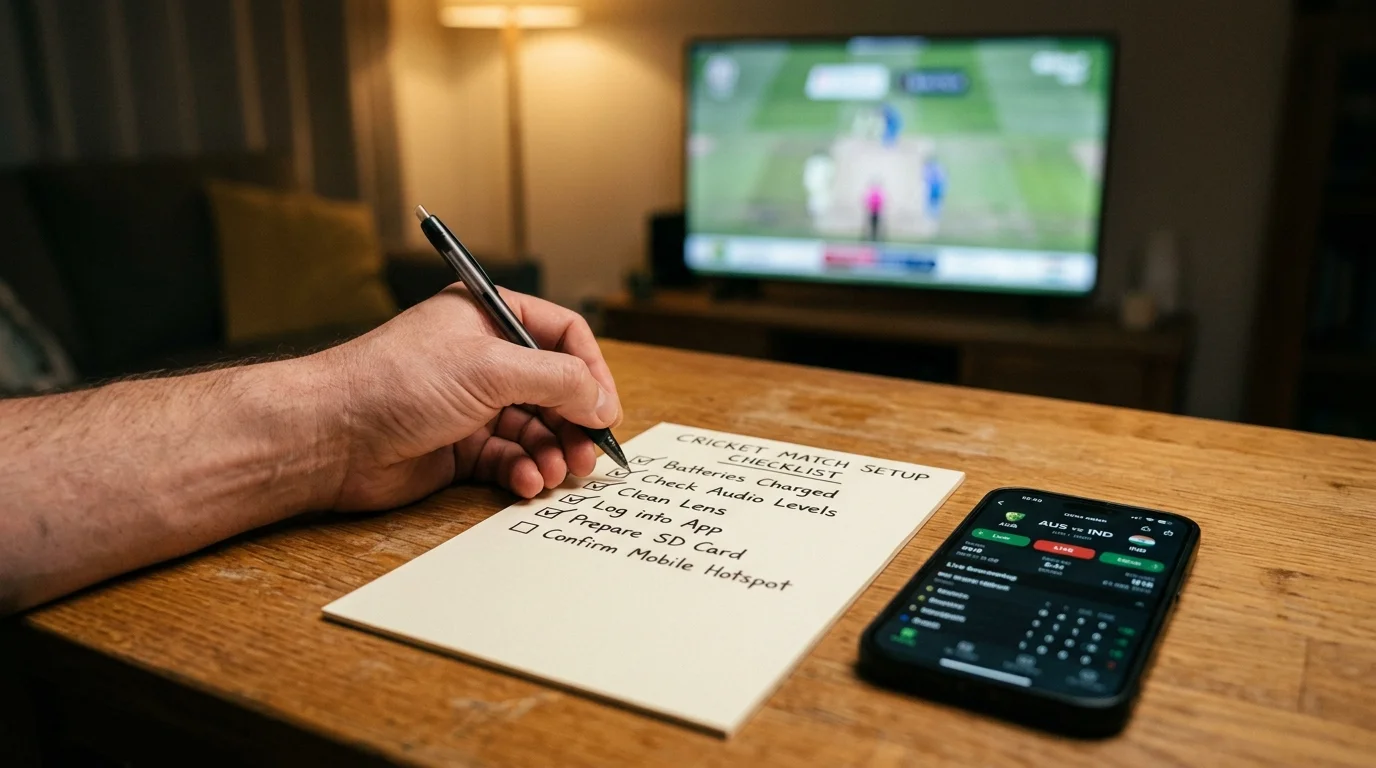 Person prüft auf einem Notizblock eine Checkliste vor dem mobilen Cricket-Wetten