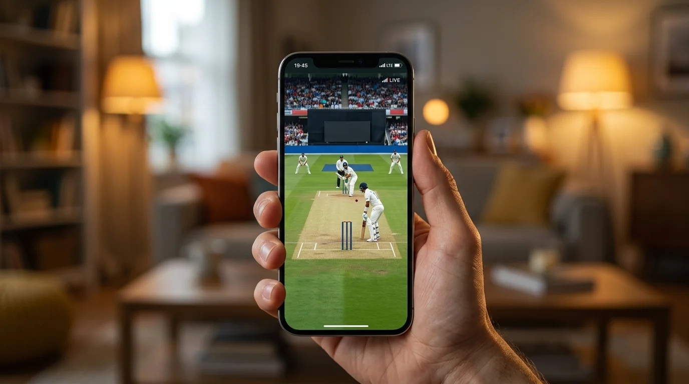 Cricket-Livestream auf dem Smartphone mit sichtbarer Verbindungsanzeige