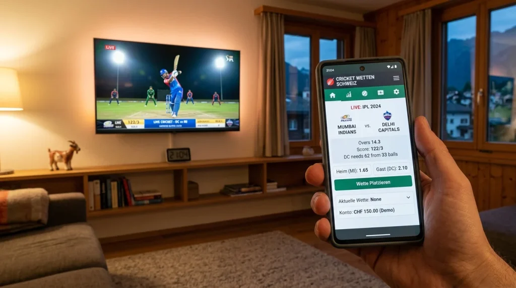Smartphone mit Live-Cricket-Wett-App in der Hand vor einem laufenden Cricketspiel