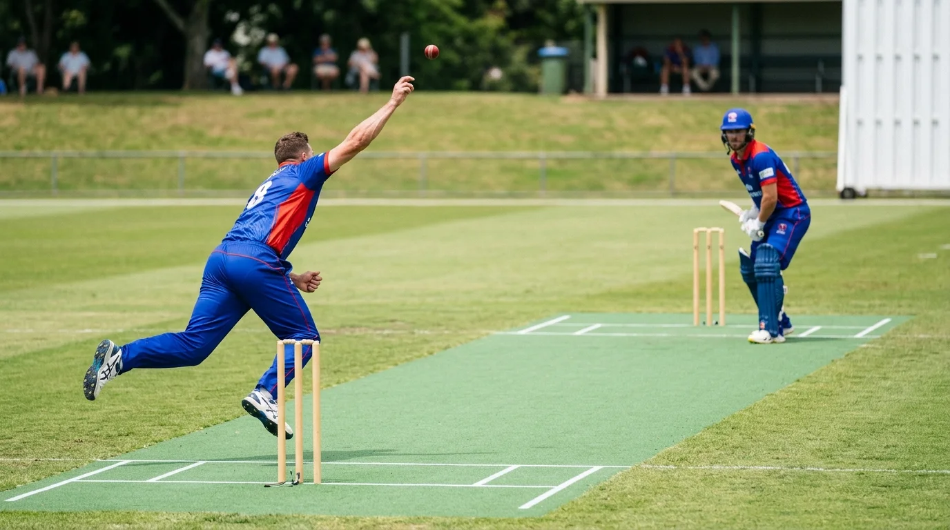 Bowler im Anlauf gegen den am Schlag stehenden Batsman im entscheidenden Moment eines Cricketspiels