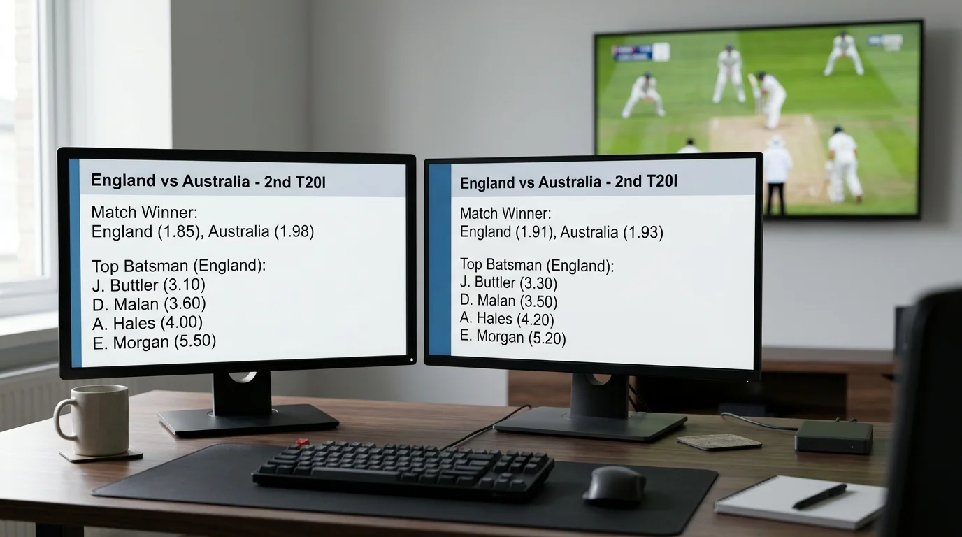 Vergleich von Cricket-Quoten auf zwei Bildschirmen nebeneinander
