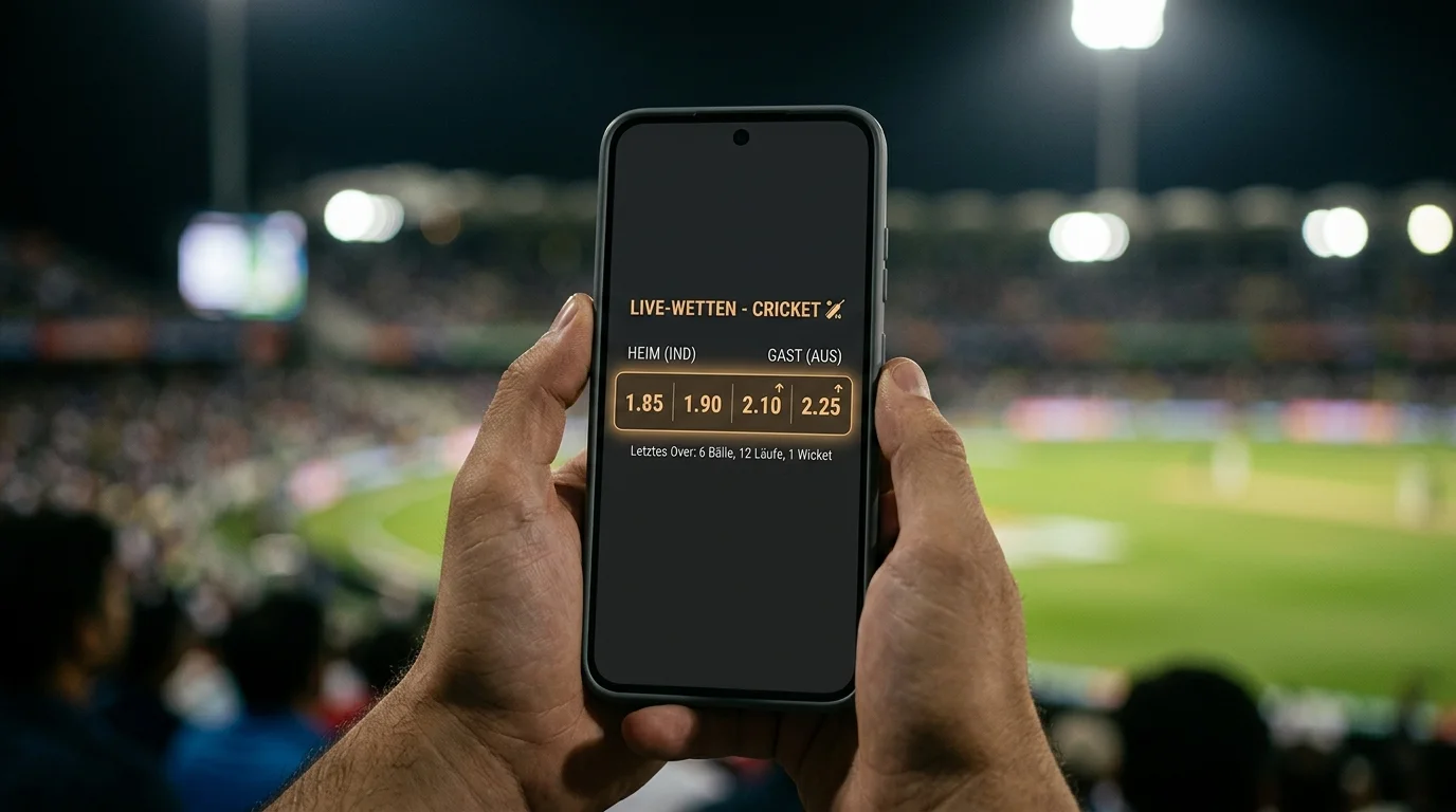 Bildschirm mit der sich bewegenden Live-Quote eines Cricketspiels im Verlauf eines Overs