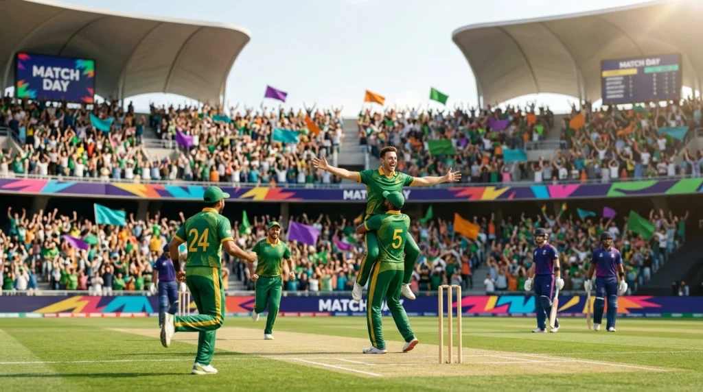 T20-Cricketspiel in festlicher Stadionatmosphäre als Sinnbild für Olympia 2028