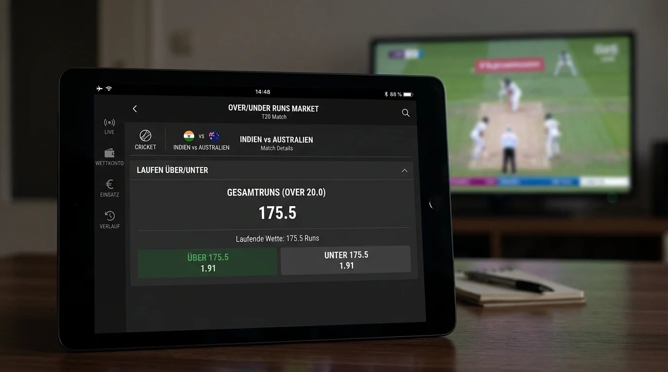 Anzeige der vom Buchmacher gesetzten Run-Linie für eine Over-Under-Wette während eines Cricketspiels