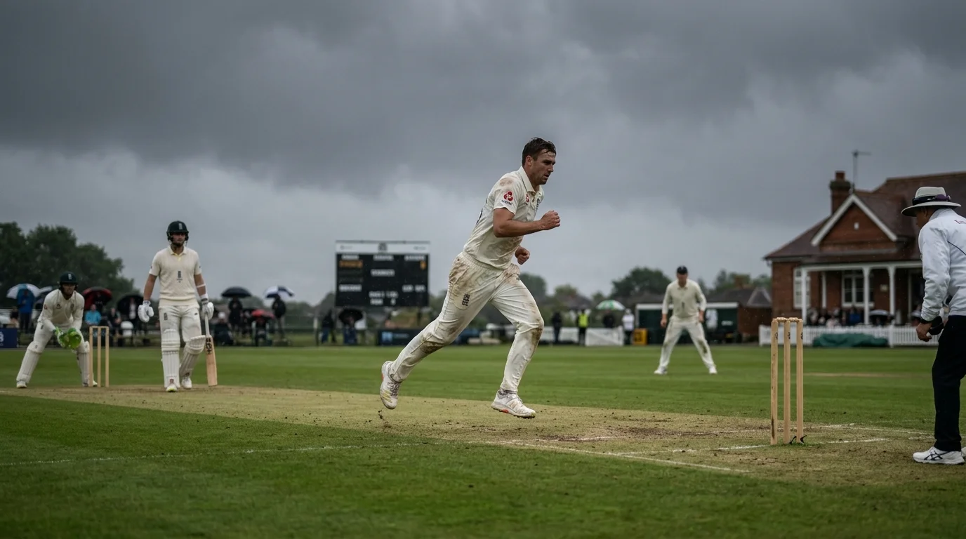 Bewölktes Cricketstadion mit Bowler, der bei diesigem Wetter den Ball schwingen lässt