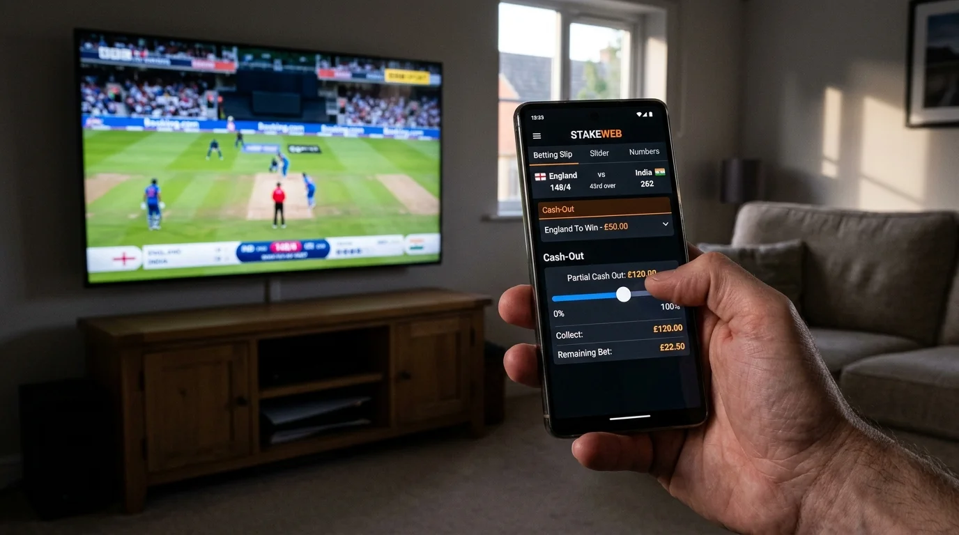 Hand wählt am Smartphone einen Teil-Cash-Out während eines Cricketspiels