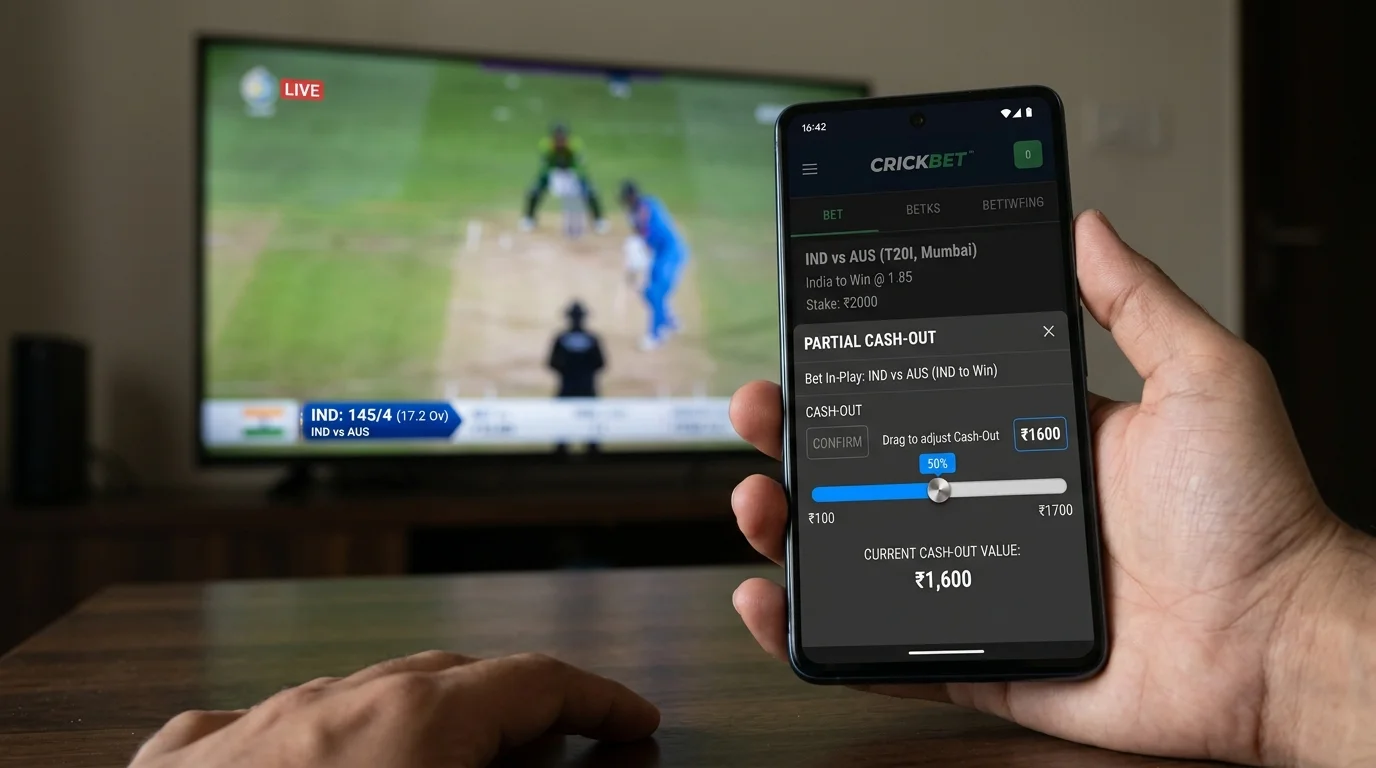 Teil-Cash-Out-Regler in einer Wett-App neben einem laufenden Cricketspiel