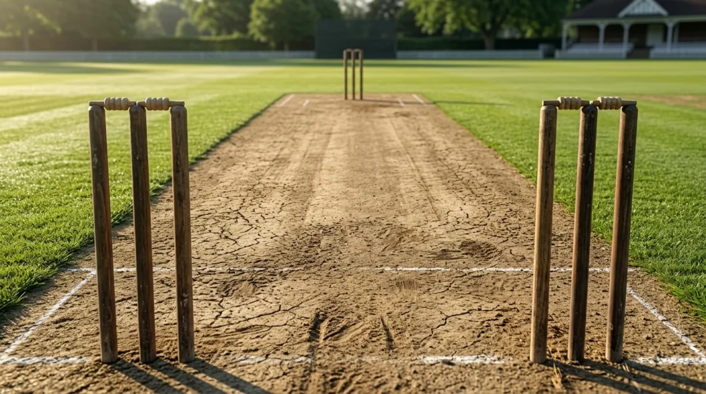 Nahaufnahme eines präparierten Cricket-Pitch mit trockener Spielbahn zwischen den Wickets