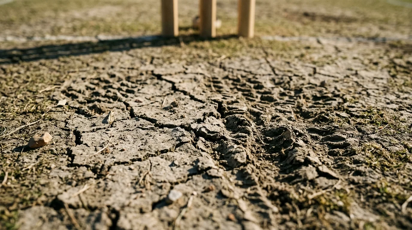 Aufgerissener, trockener Cricket-Pitch mit Rissen an einem späten Spieltag
