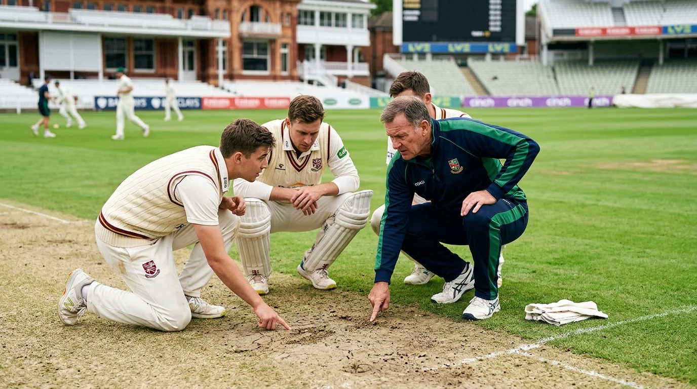 Spieler inspizieren vor dem Spiel den Cricket-Pitch und beurteilen die Bedingungen
