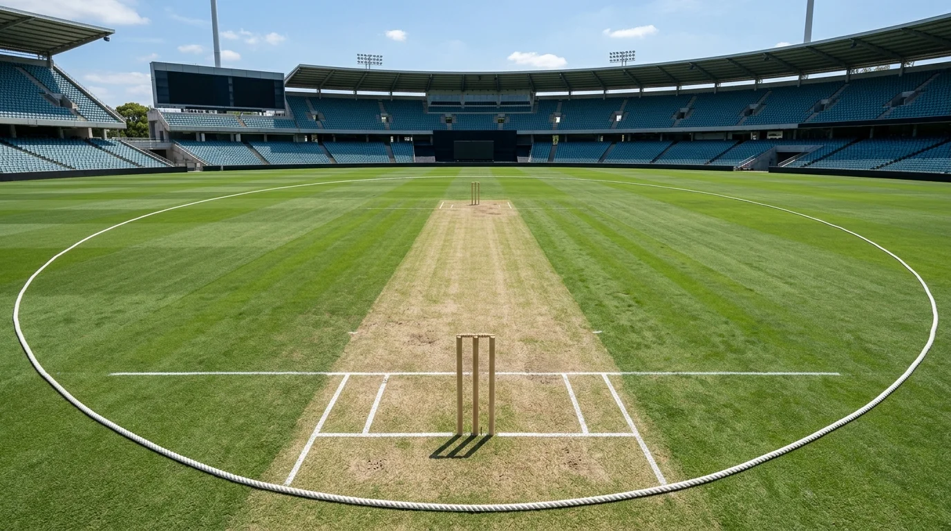 Cricket-Spielbahn mit Stumps an beiden Enden auf einem grünen Spielfeld