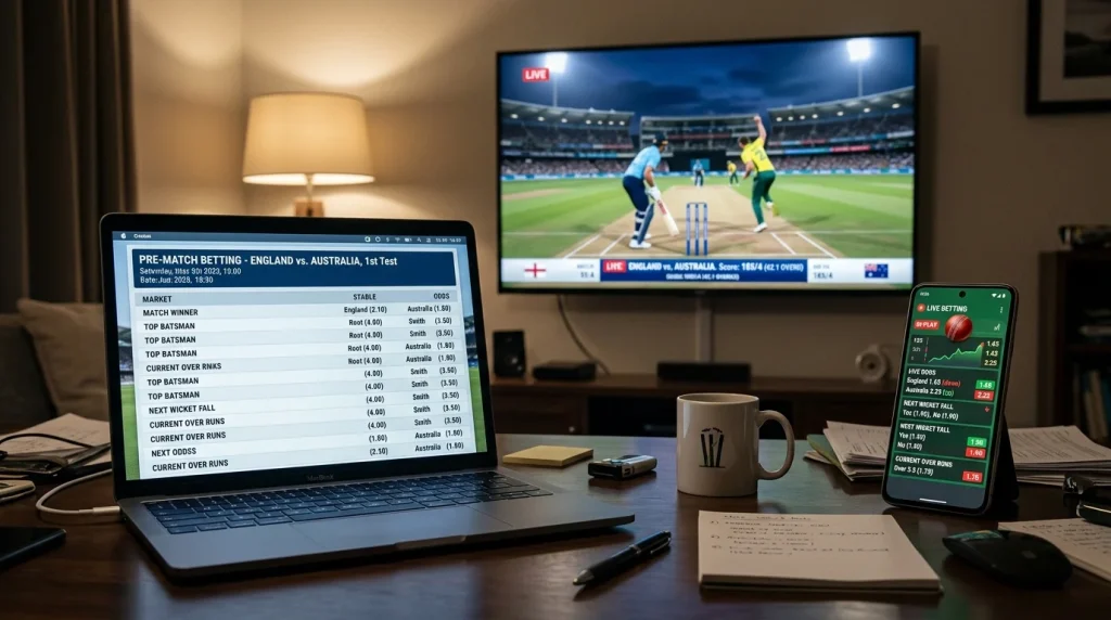 Laptop mit Pre-Match-Quoten und Smartphone mit Live-Quoten eines Cricketspiels