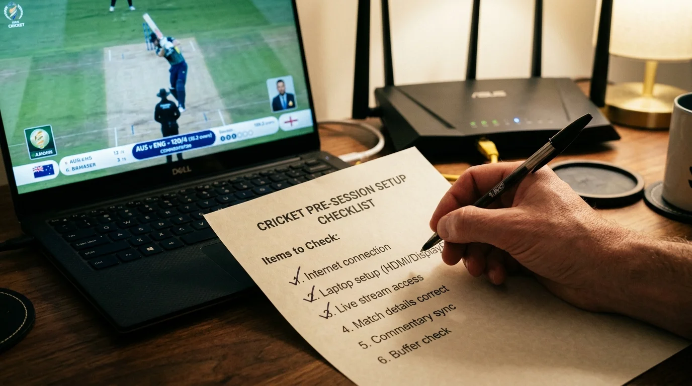 Checkliste auf einem Notizblock zur Vorbereitung der technischen Cricket-Wettsession