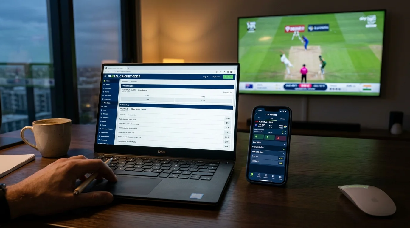 Laptop und Smartphone zeigen Pre-Match- und Live-Optionen eines Cricketspiels