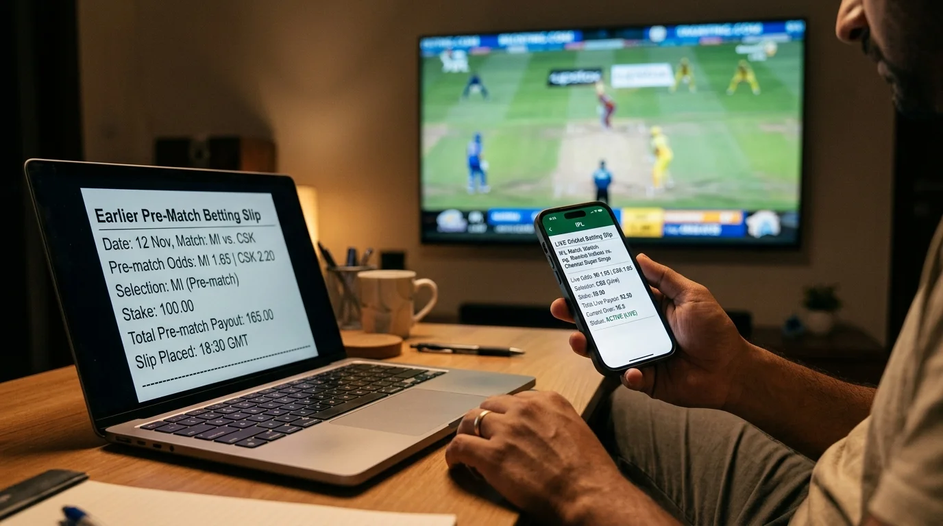 Person sichert eine Pre-Match-Cricketwette während des Spiels mit einer Live-Wette ab