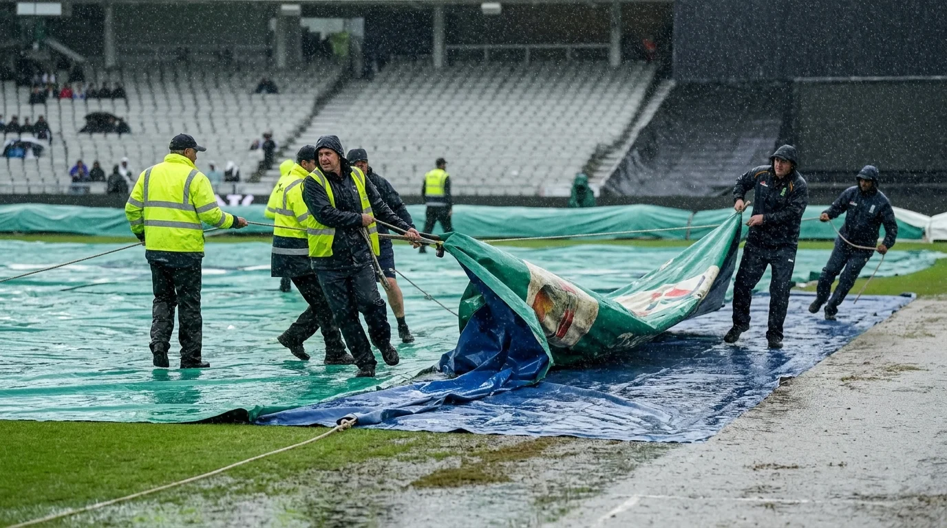 Bodenpersonal zieht bei Regen die Schutzplanen über den Cricket-Pitch