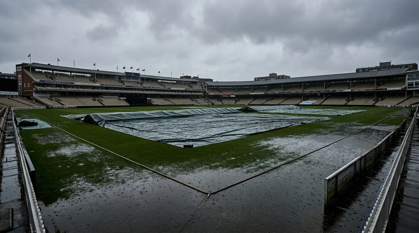 Verlassenes Cricketfeld unter Regen während einer Spielunterbrechung
