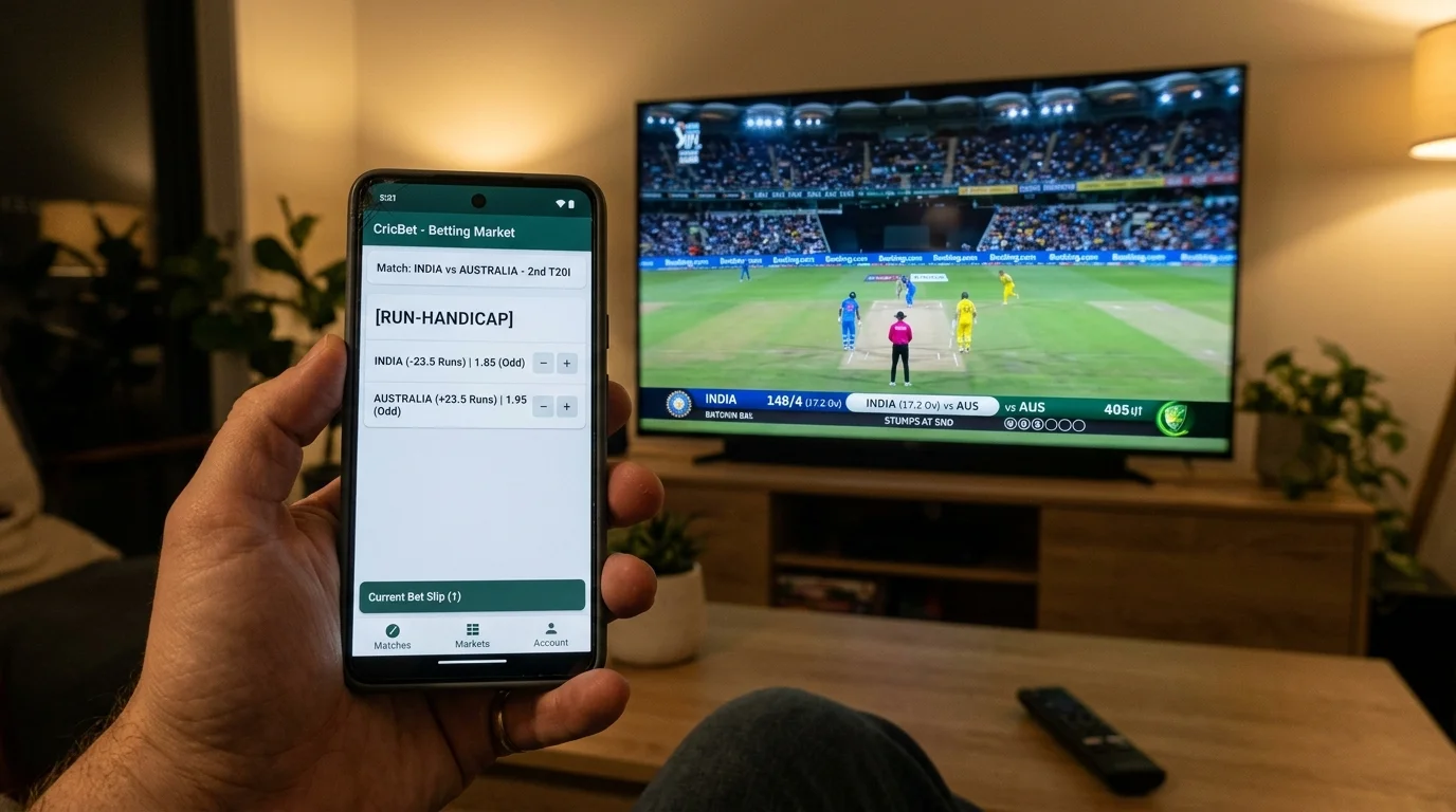 Smartphone zeigt eine Run-Handicap-Linie für ein Cricketspiel