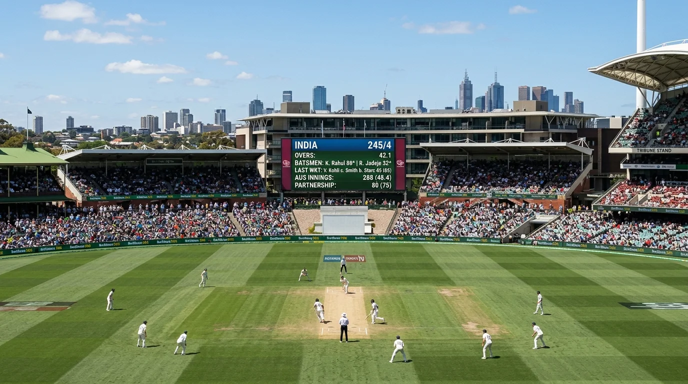 Überblick über ein Cricketstadion mit gut sichtbarer Anzeigetafel während des Spiels