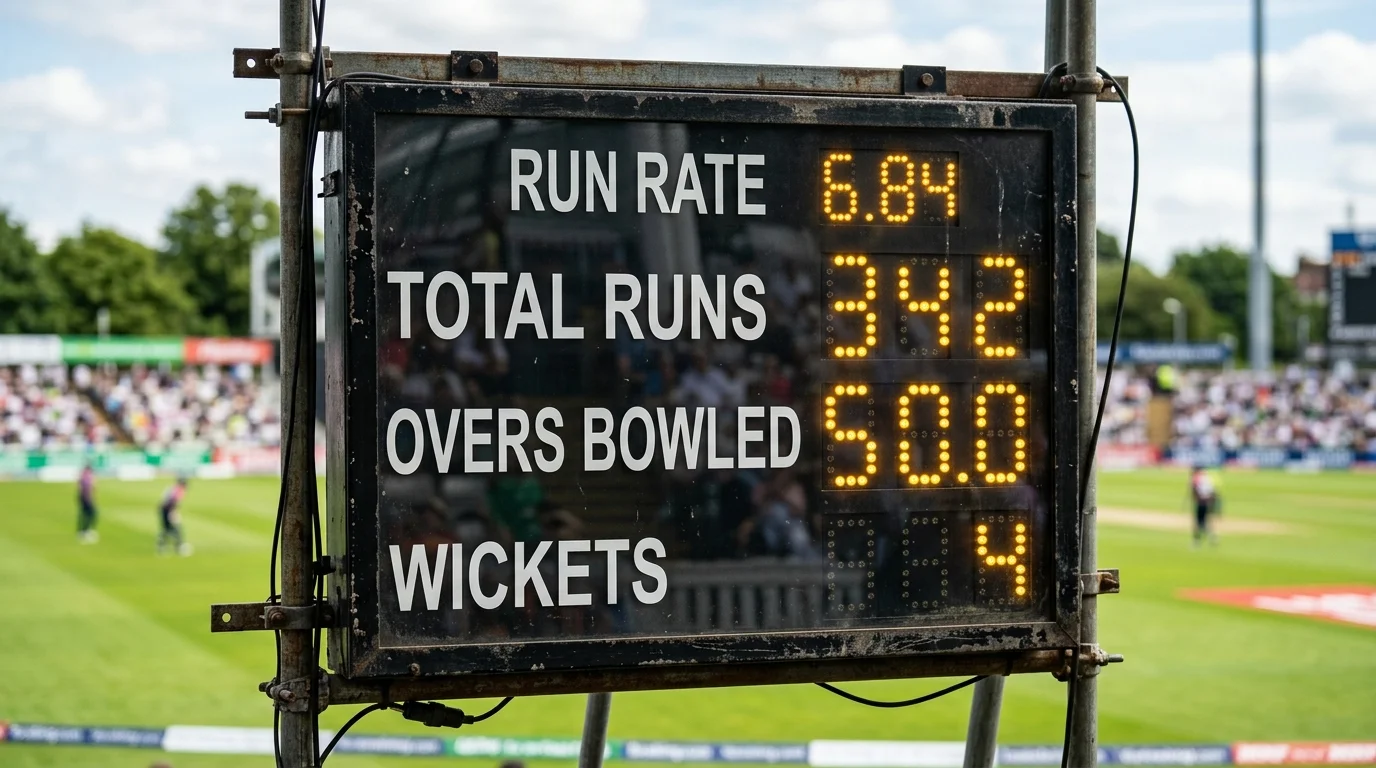 Detailaufnahme einer Cricket-Anzeigetafel mit laufender Run Rate und Overs