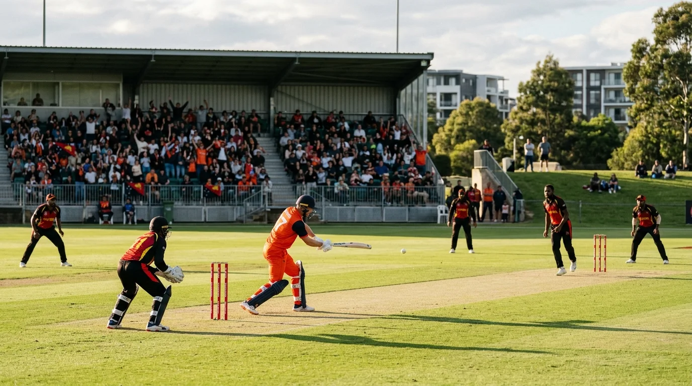 Cricketspiel zwischen zwei weniger bekannten Nationalmannschaften auf einem gut besuchten Platz