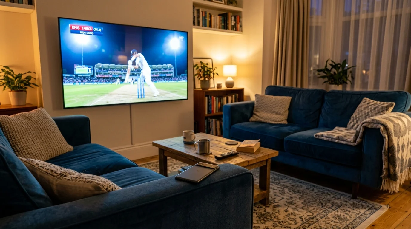 Cricket-Livestream läuft auf dem Fernseher in einem Wohnzimmer