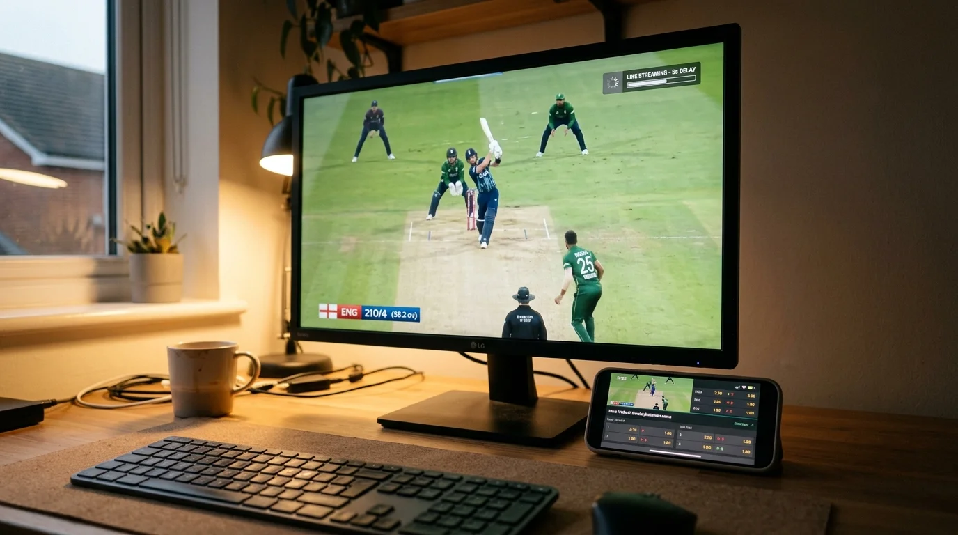 Cricket-Stream auf dem Bildschirm mit angedeuteter Zeitverzögerung gegenüber dem Live-Geschehen