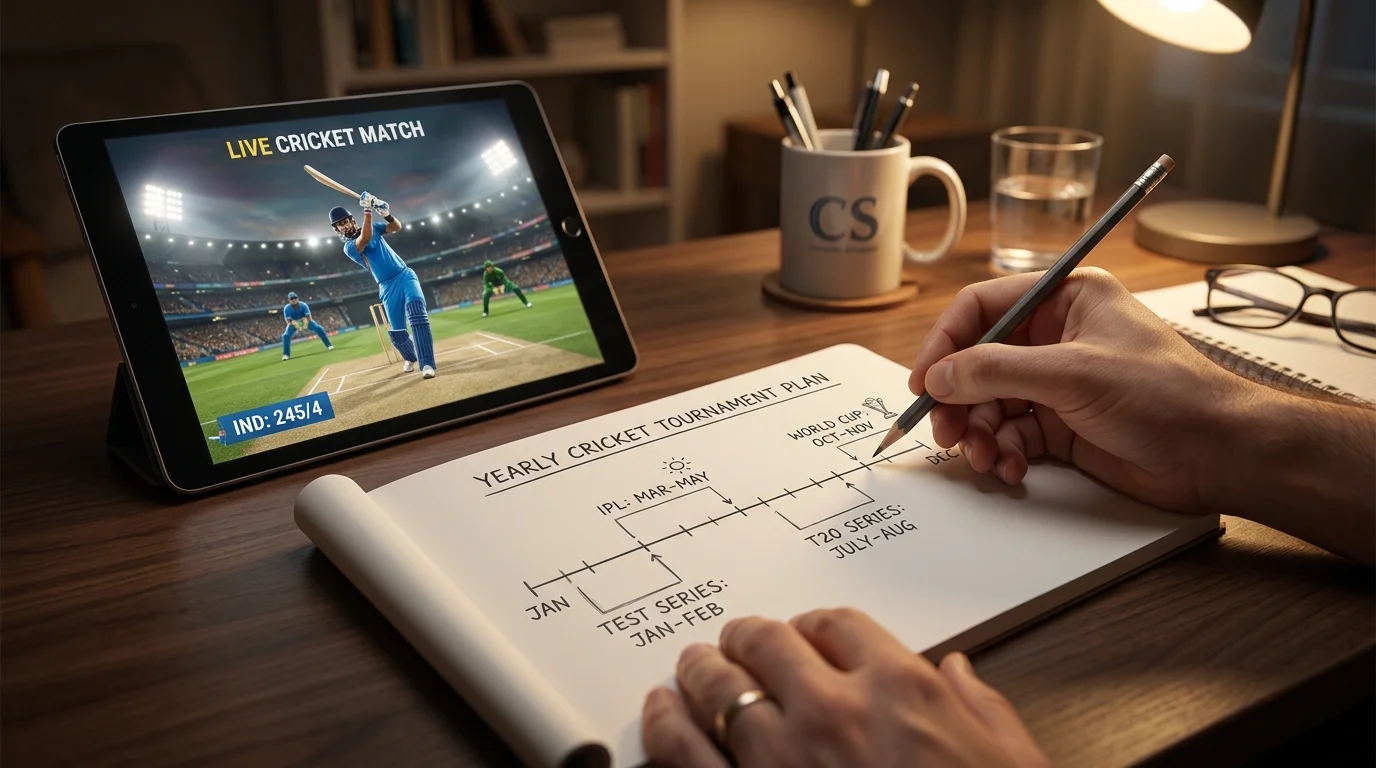 Übersichtliche Jahresplanung der Cricketturniere in einem Notizbuch