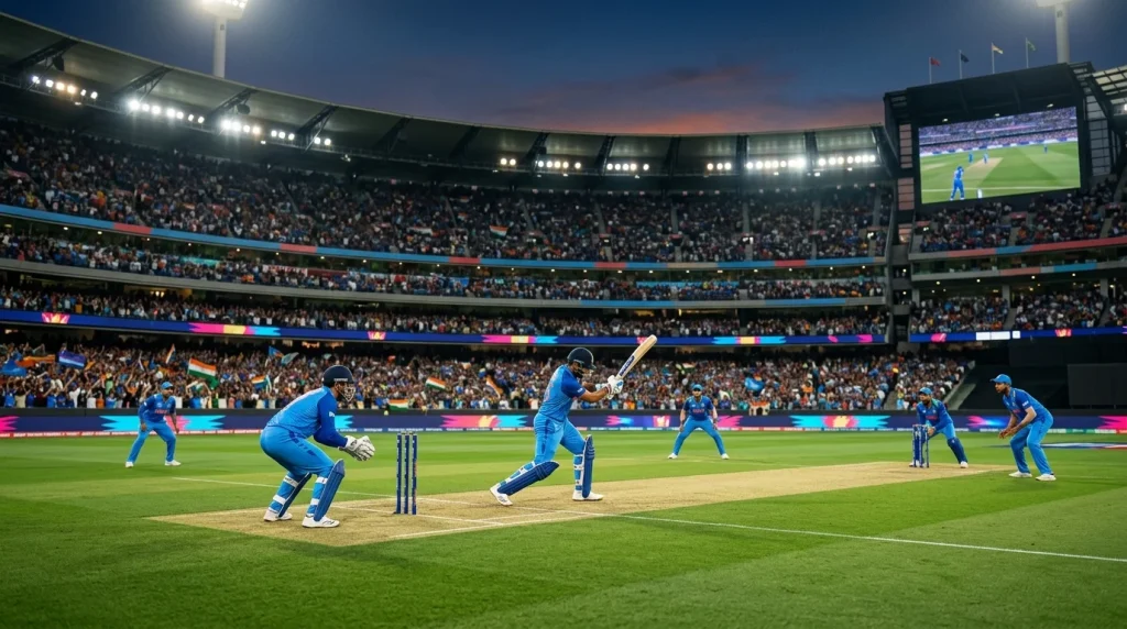 Internationales Cricketspiel in einem grossen Stadion während eines bedeutenden Turniers