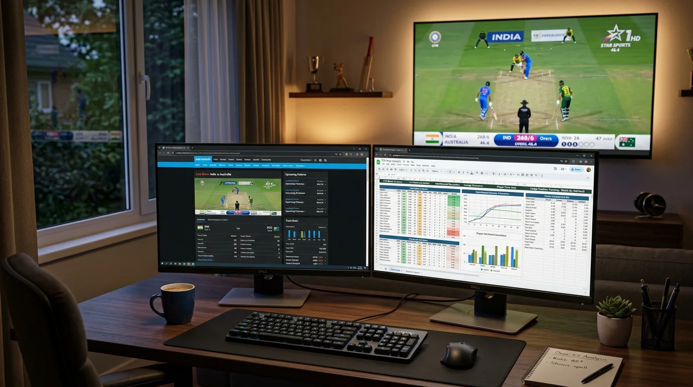 Arbeitsplatz mit zwei Bildschirmen und Cricket-Quoten zur Absicherung von Wetten