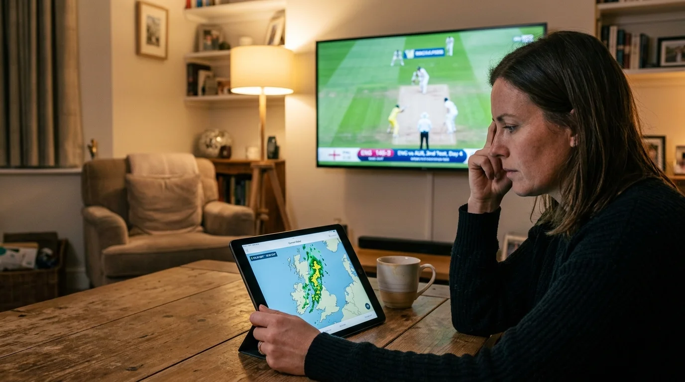 Person verfolgt das Wetterradar auf dem Tablet während eines Cricketspiels