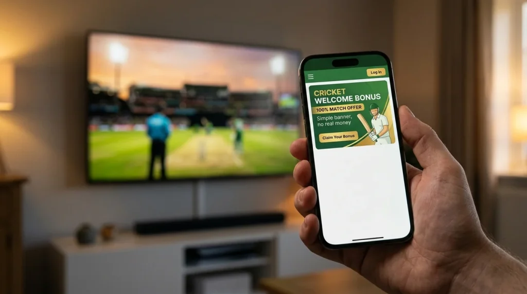 Smartphone zeigt ein Bonusangebot für Cricket-Wetten neben einem laufenden Spiel