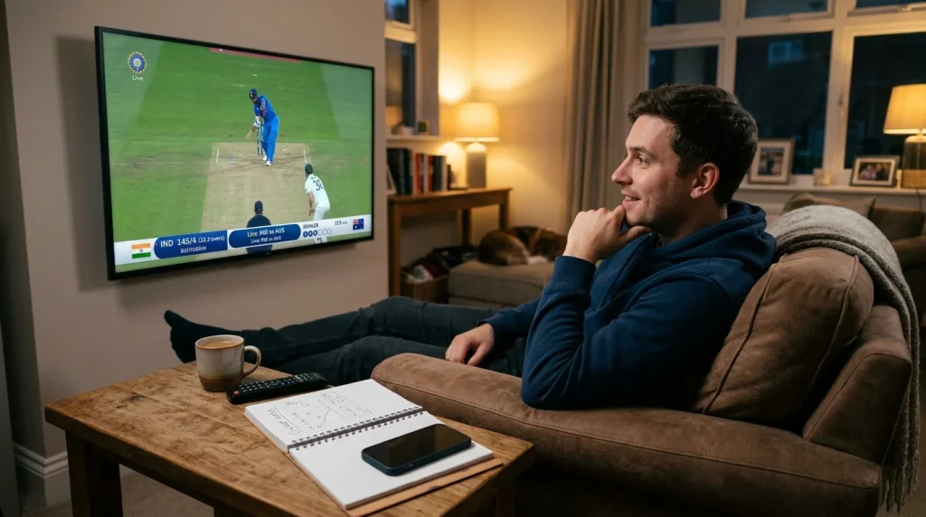 Einsteiger verfolgt entspannt ein Cricketspiel und lernt die Grundlagen des Wettens