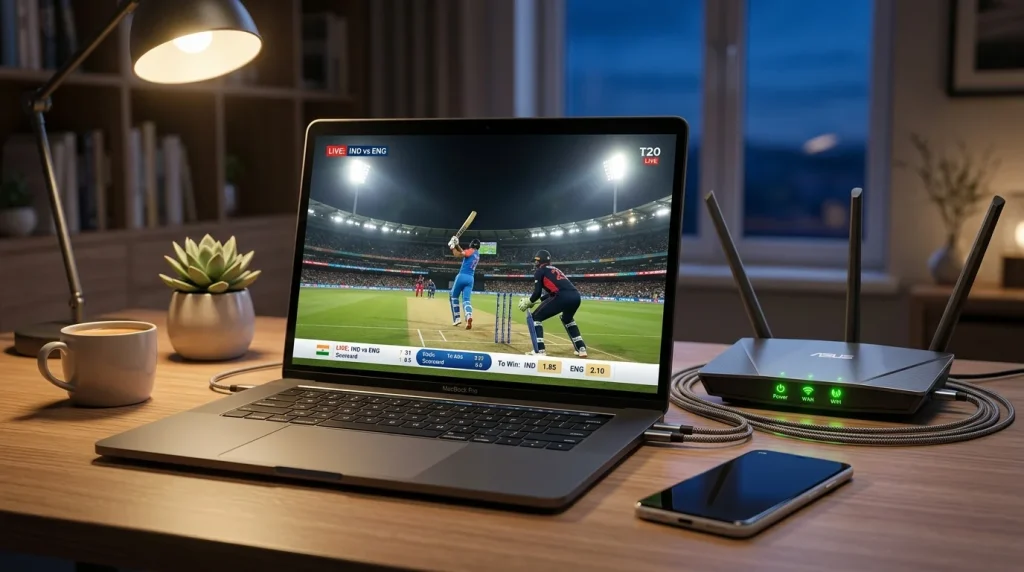 Aufgeräumter Arbeitsplatz mit stabilem Router und Laptop für Cricket-Live-Wetten