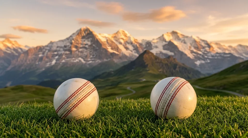 Schweizer Bergpanorama mit einem Cricketball auf einer Wiese im Vordergrund