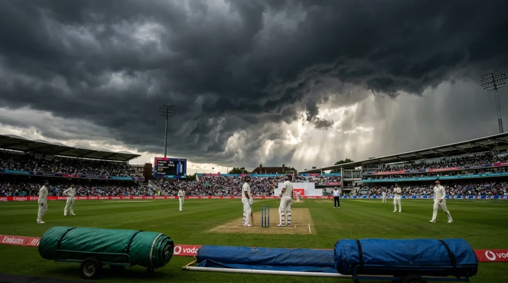 Dunkle Regenwolken ziehen über ein Cricketstadion, Spiel kurz vor der Unterbrechung
