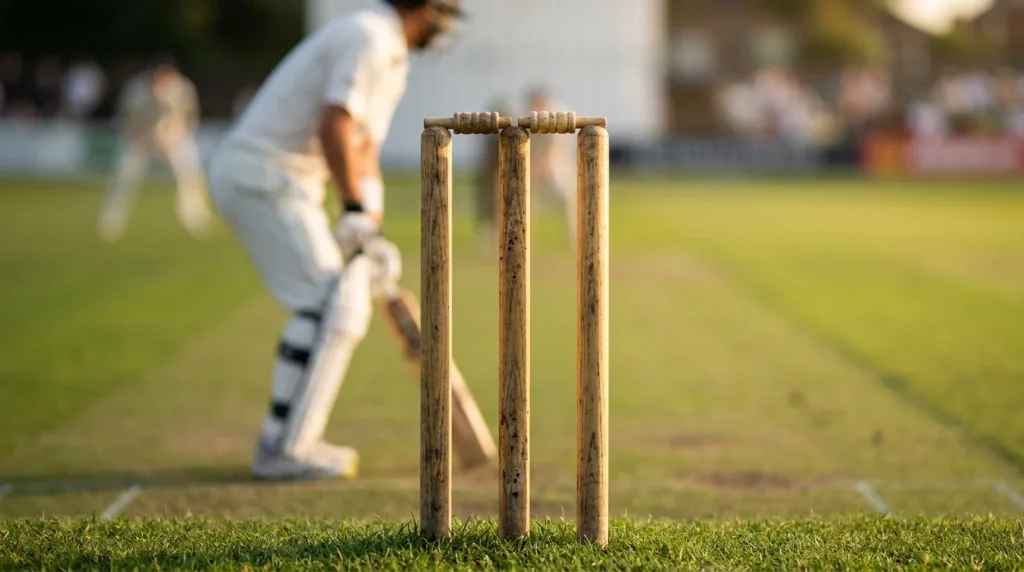 Cricket-Wicket mit Bails in Nahaufnahme vor dem unscharfen grünen Spielfeld