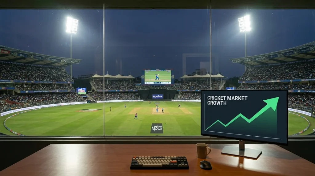 Cricketstadion und Bildschirm mit Marktdaten als Sinnbild des wachsenden Wettmarkts