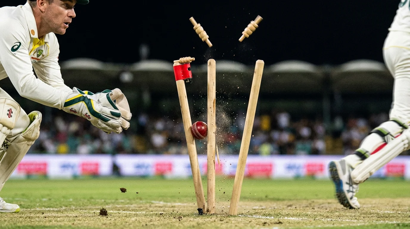Stumps werden umgeworfen, ein Schlagmann scheidet im Cricket aus
