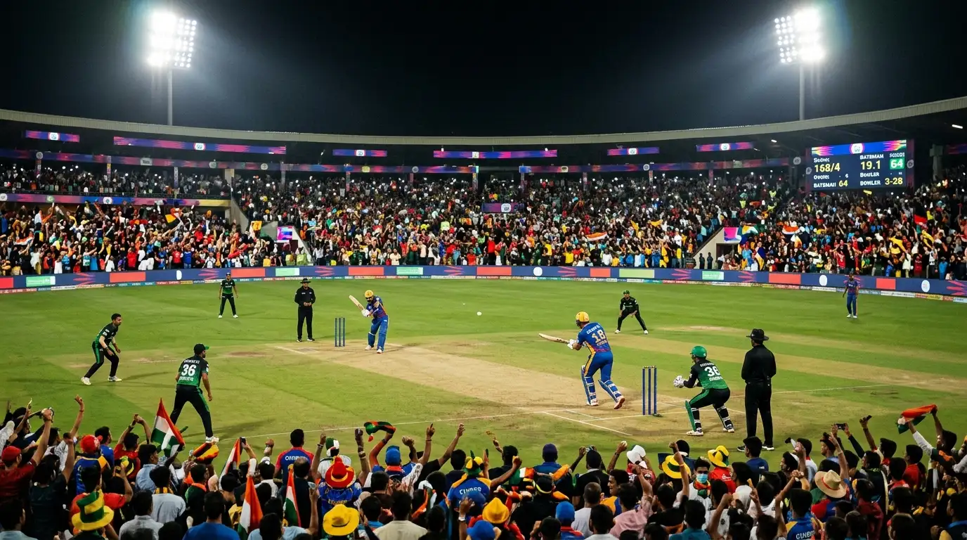 Flutlichtbeleuchtetes Cricketstadion bei einem Abendspiel im IPL-Stil