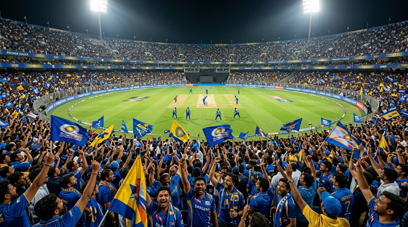 Heimspielatmosphäre in einem IPL-Stadion mit jubelnden Fans hinter dem Spielfeld