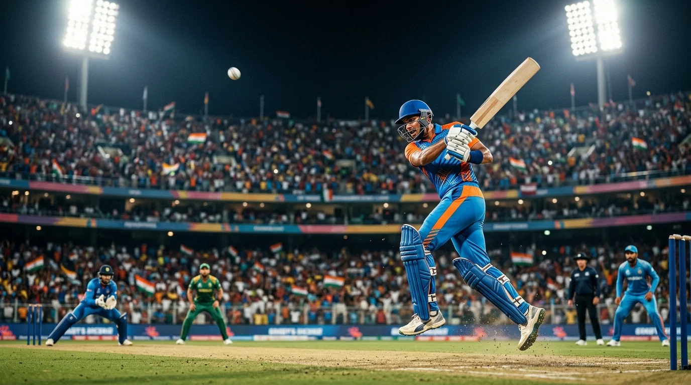 Dynamische Schlagaktion bei einem T20-Abendspiel im Stil der Indian Premier League