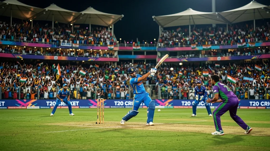 Volles Cricketstadion bei einem T20-Spiel der Indian Premier League unter Flutlicht