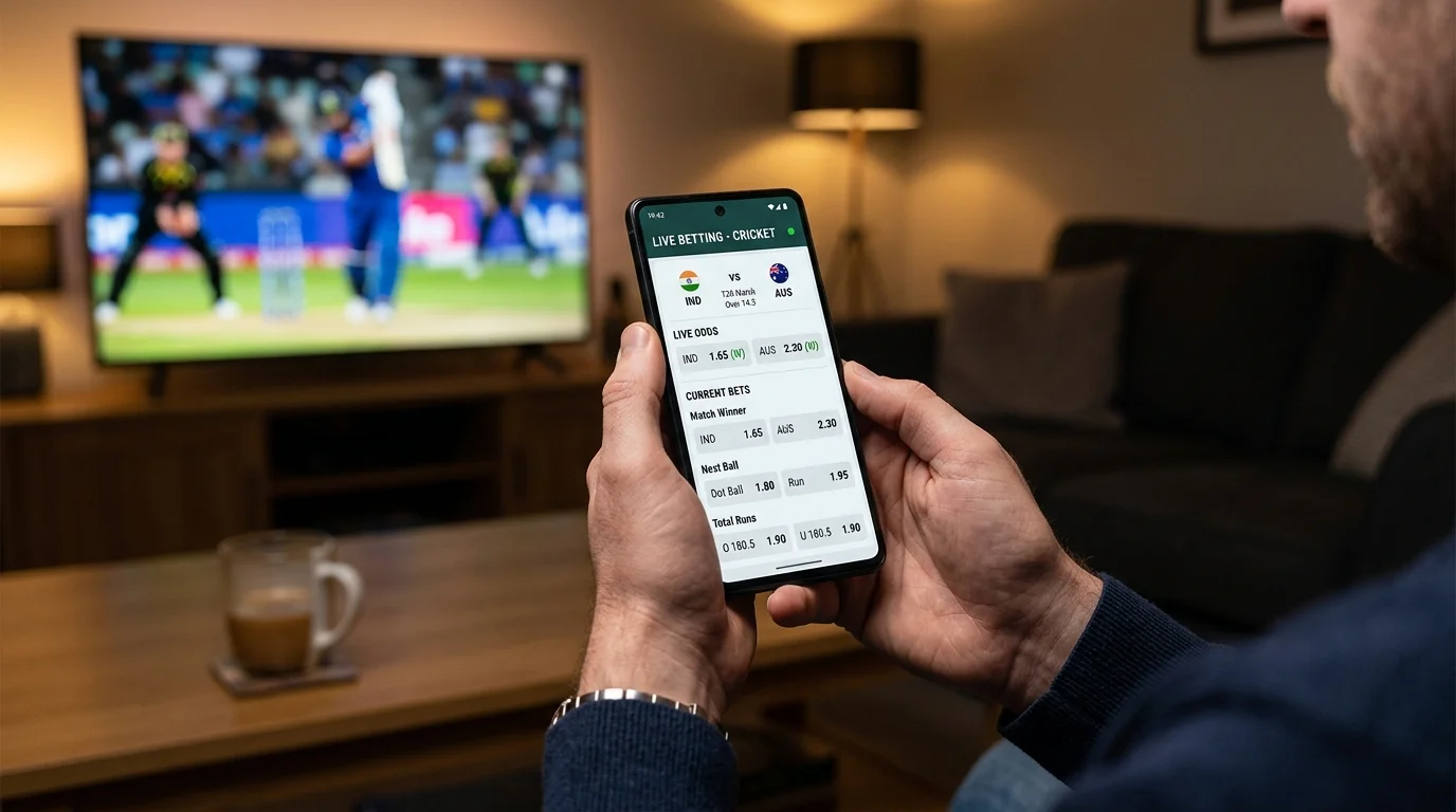 Person verfolgt live schwankende Cricket-Quoten auf dem Smartphone während eines Spiels