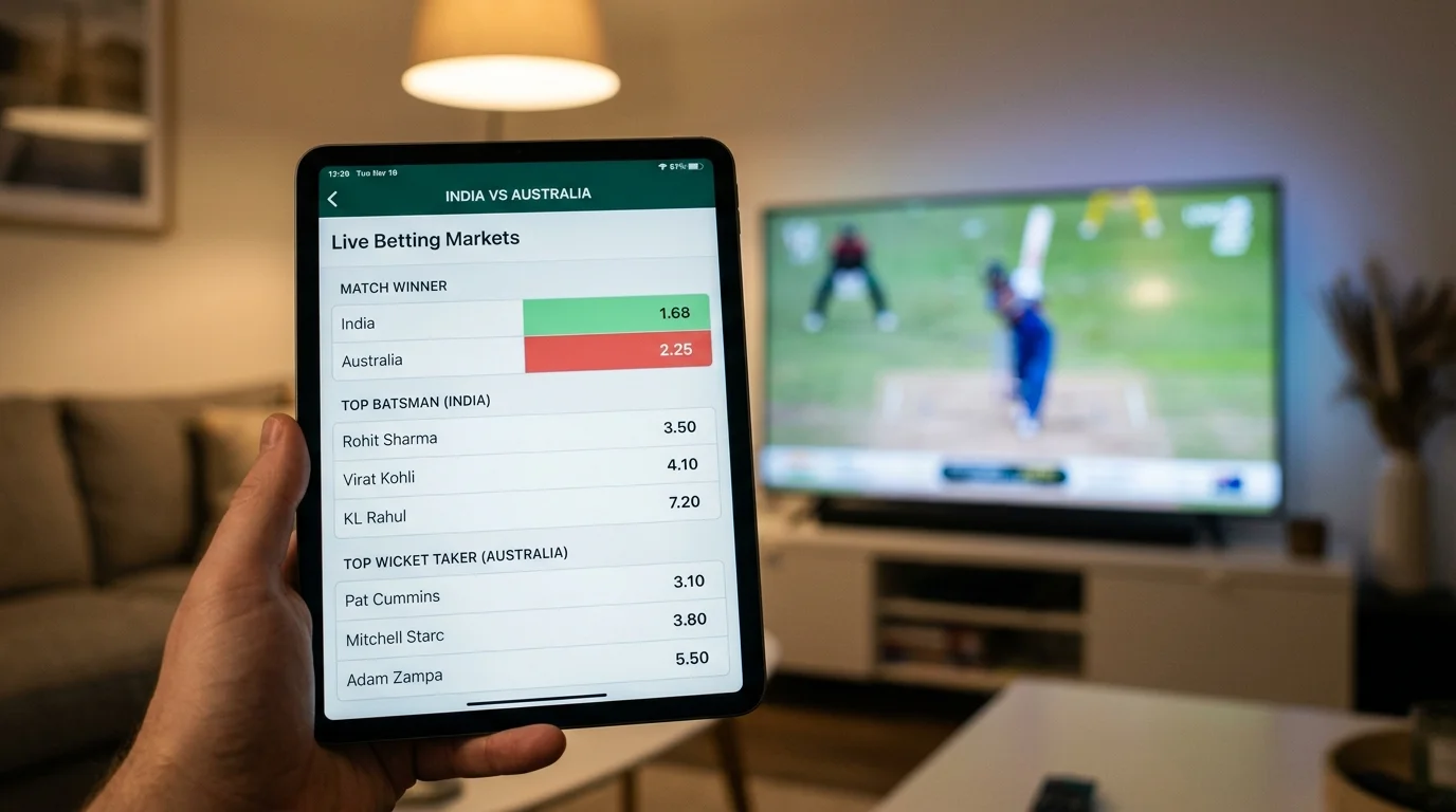 Bildschirm mit sich schnell ändernden Live-Quoten während der Schlussphase eines Cricketspiels