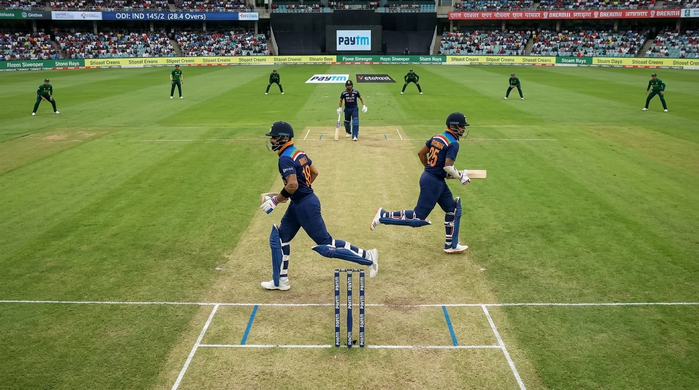 Zwei Schlagmänner laufen während der ruhigen Middle Overs eines ODI zwischen den Wickets