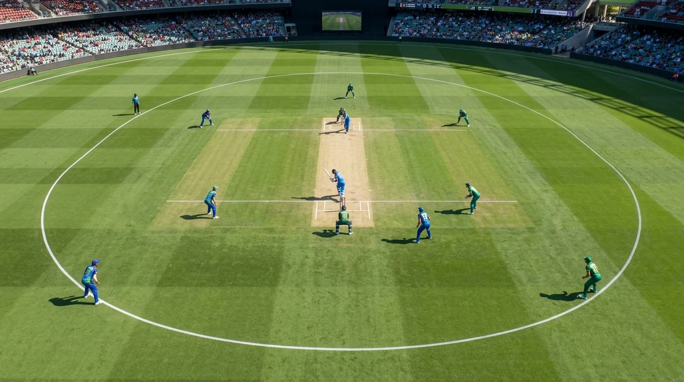 Feldaufstellung im T20-Powerplay mit Spielern innerhalb des inneren Kreises auf dem Cricketfeld